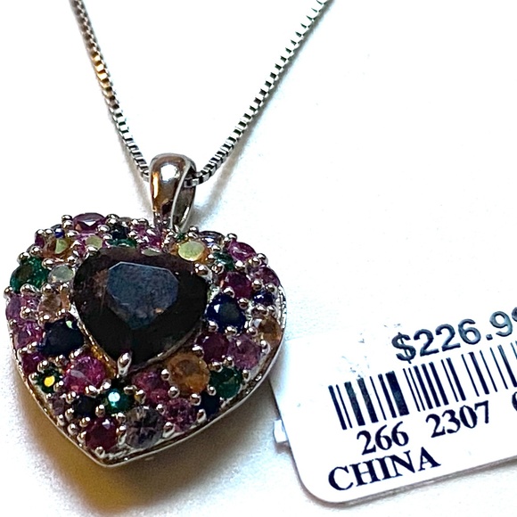 Sterling Silver Heart Shaped Multi Stone Necklace - Picture 4 of 5